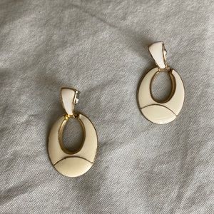 Vintage 60s White Cream Enamel Gold Hanging Hoop Earrings